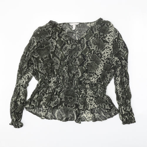 H&M Womens Green Animal Print Viscose Basic Blouse Size 16 V-Neck - Snake Print
