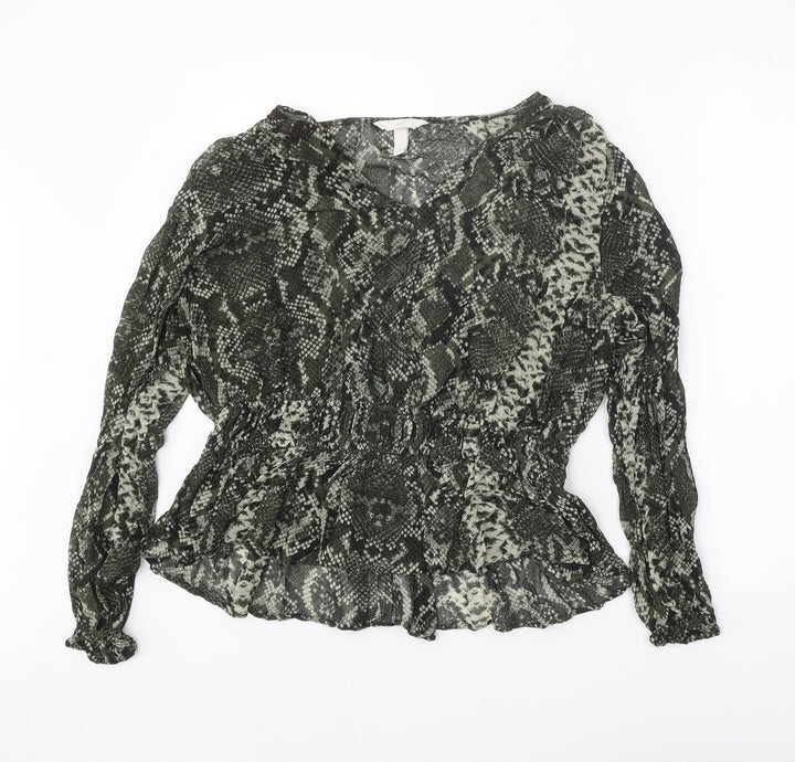 H&M Womens Green Animal Print Viscose Basic Blouse Size 16 V-Neck - Snake Print