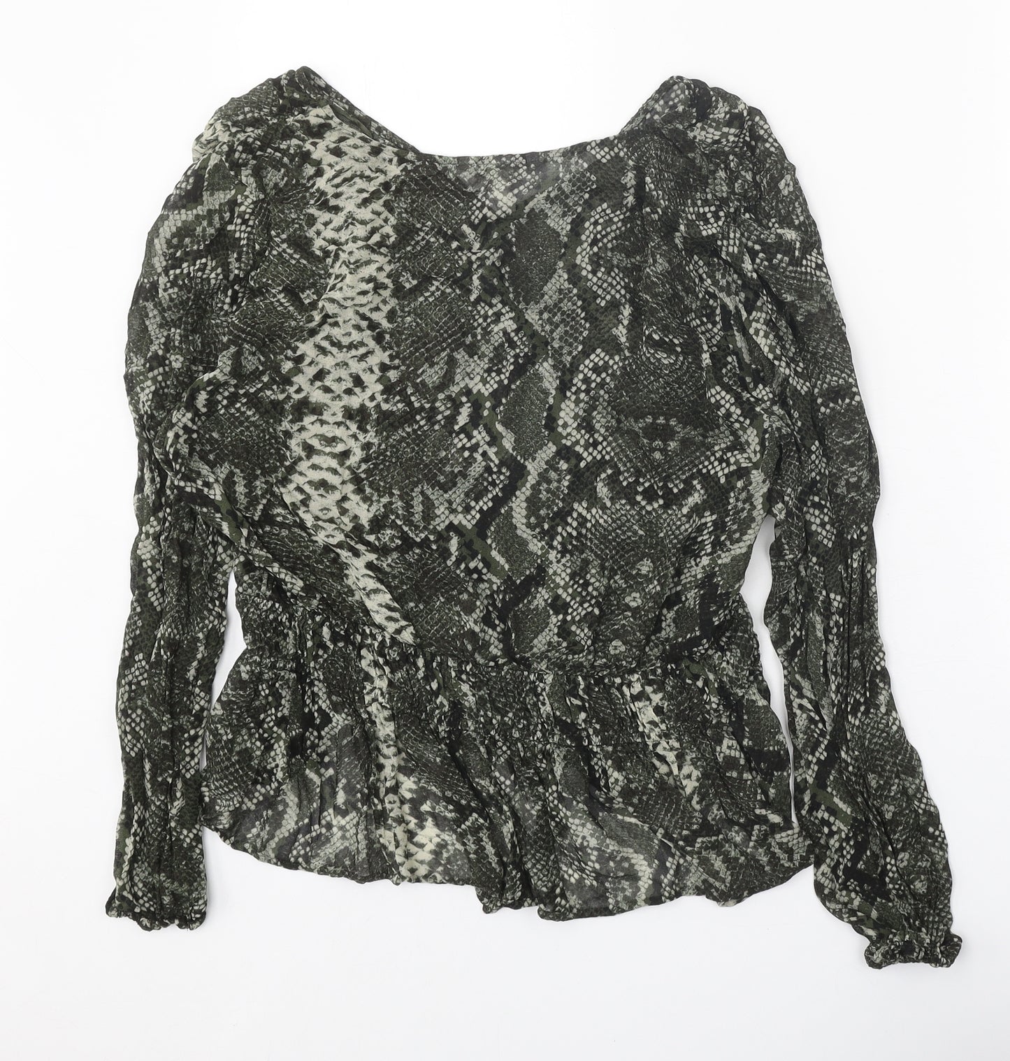 H&M Womens Green Animal Print Viscose Basic Blouse Size 16 V-Neck - Snake Print