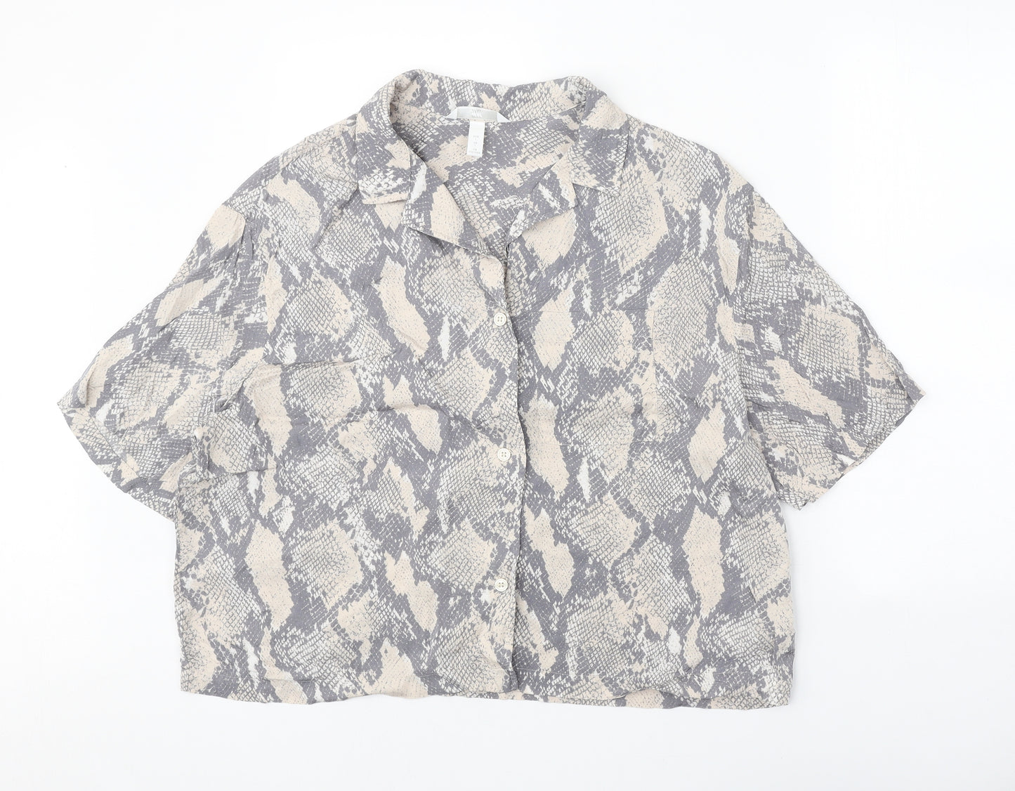 H&M Womens Grey Geometric Viscose Basic Button-Up Size L Collared