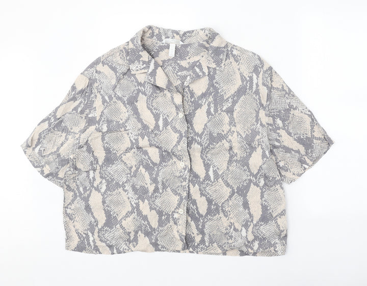 H&M Womens Grey Geometric Viscose Basic Button-Up Size L Collared