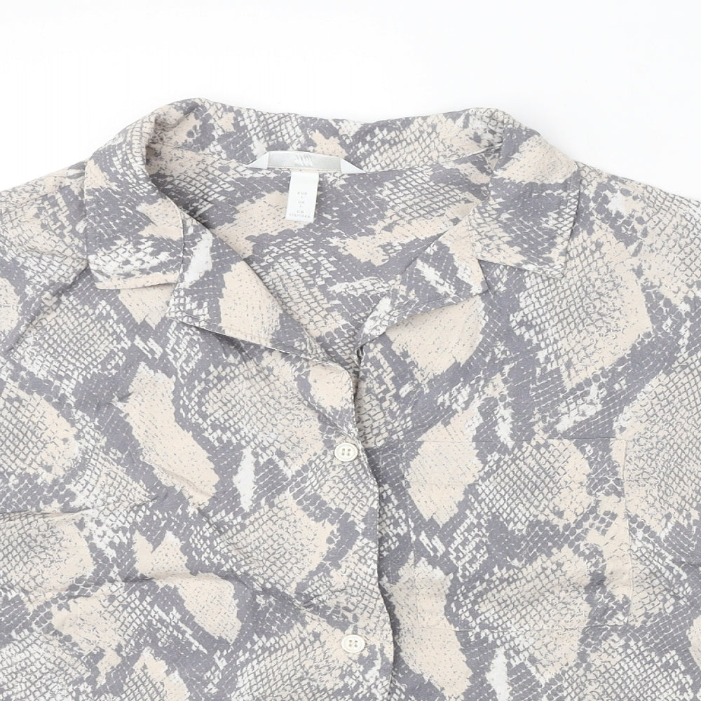 H&M Womens Grey Geometric Viscose Basic Button-Up Size L Collared