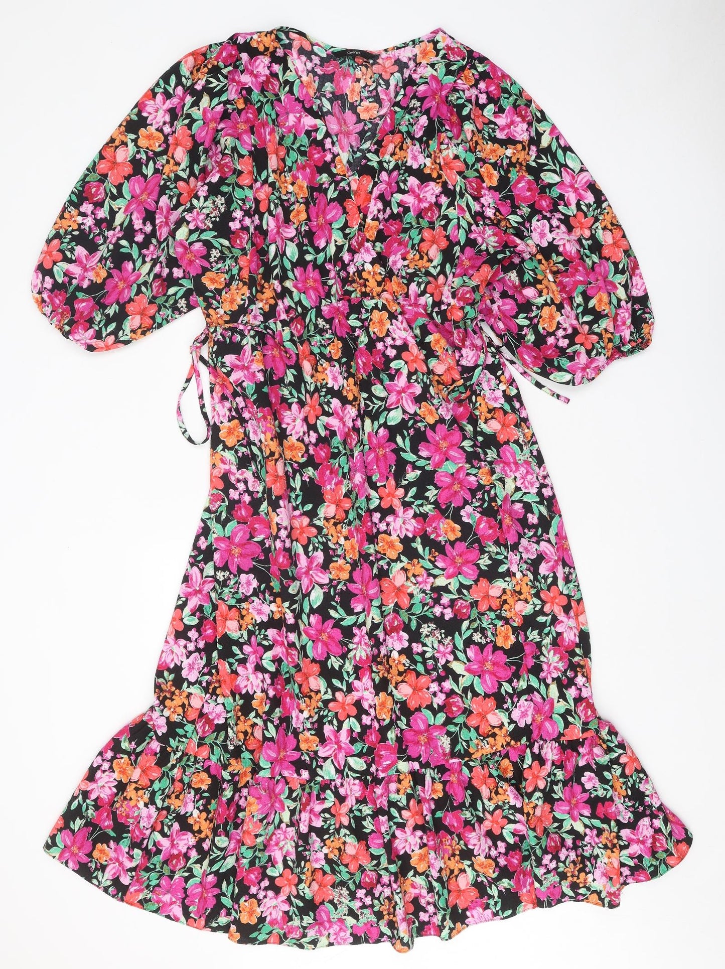 George Womens Black Floral Polyester A-Line Size 12 V-Neck Tie - Side Tie Detail