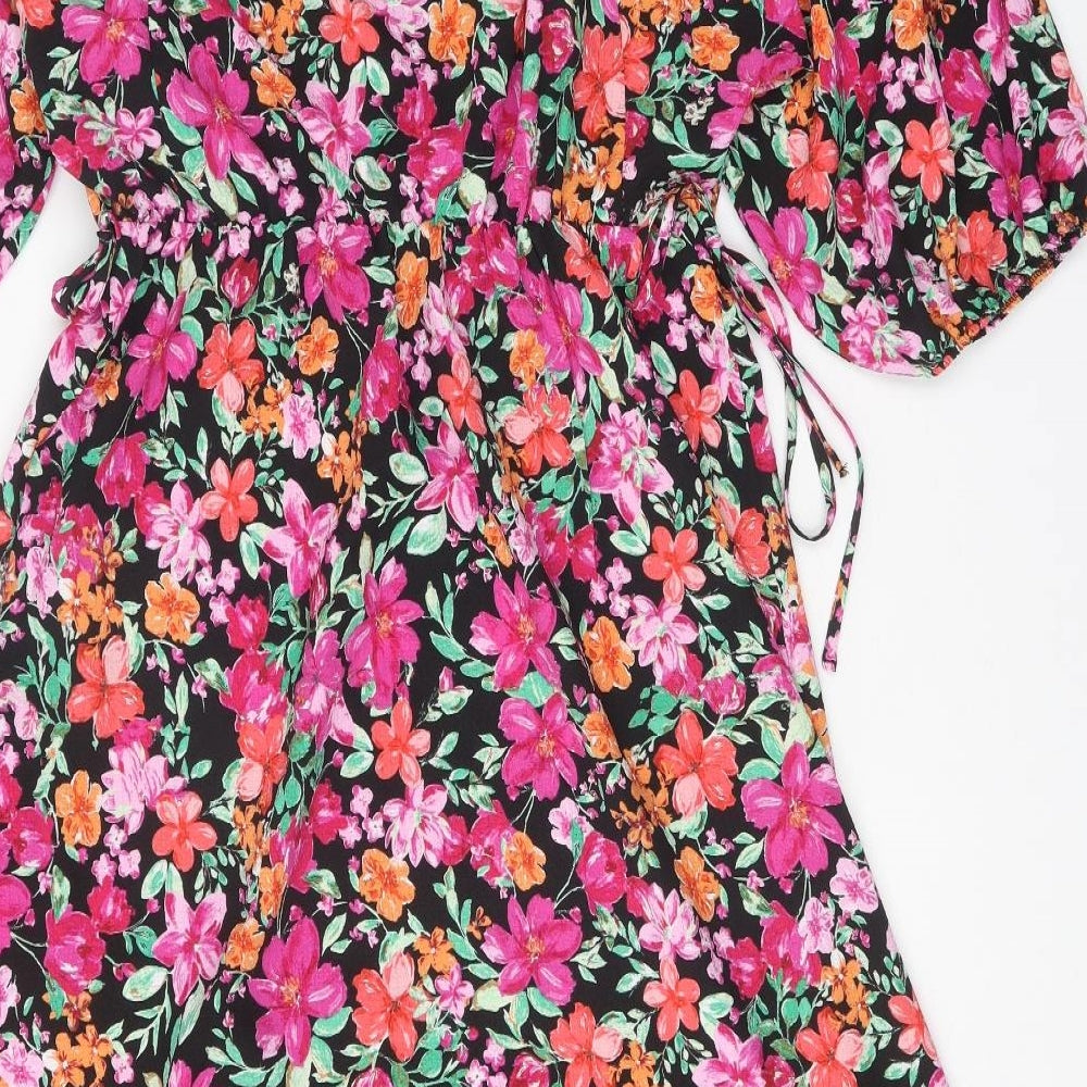 George Womens Black Floral Polyester A-Line Size 12 V-Neck Tie - Side Tie Detail