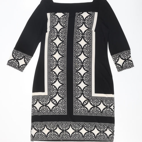 Marks and Spencer Womens Black Geometric Polyester Shift Size 14 Square Neck Pullover
