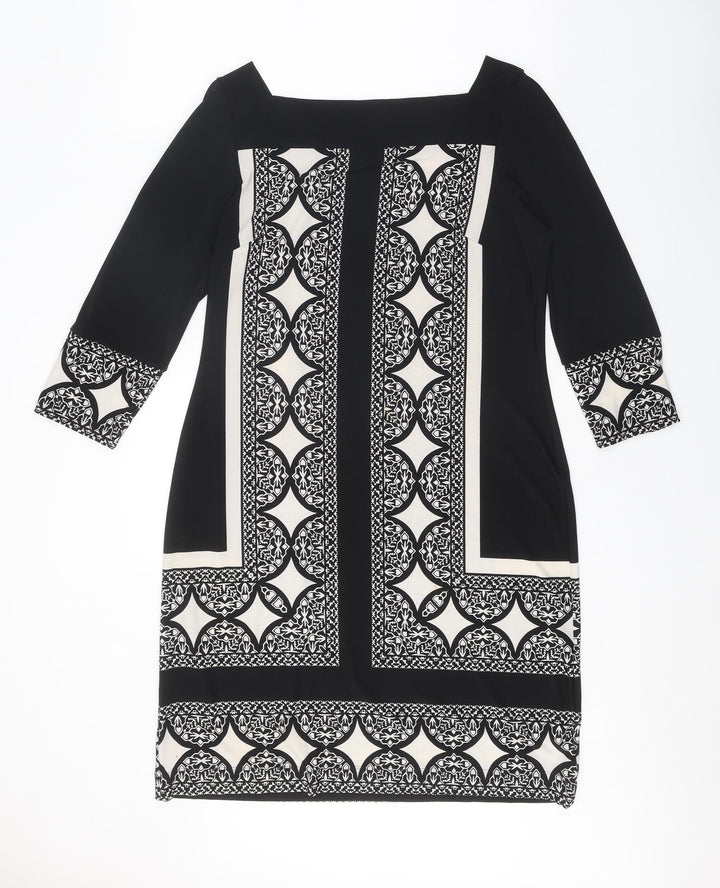 Marks and Spencer Womens Black Geometric Polyester Shift Size 14 Square Neck Pullover