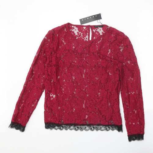 Sisley Womens Red Geometric Cotton Basic Blouse Size M Round Neck
