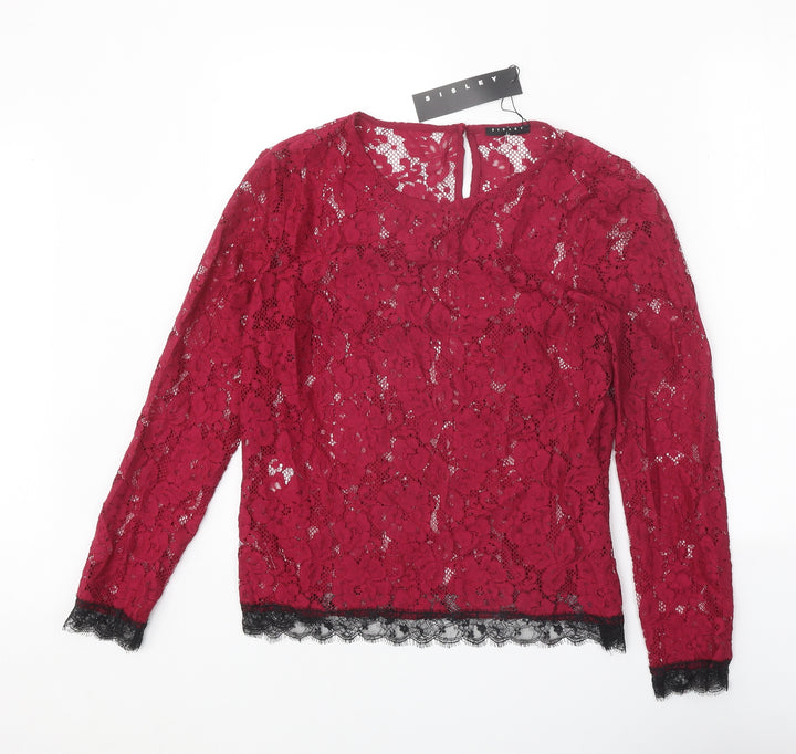 Sisley Womens Red Geometric Cotton Basic Blouse Size M Round Neck
