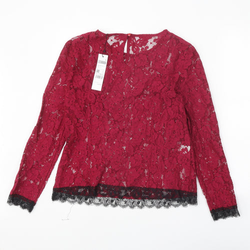 Sisley Womens Red Geometric Cotton Basic Blouse Size M Round Neck