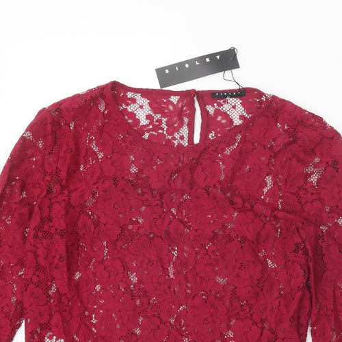 Sisley Womens Red Geometric Cotton Basic Blouse Size M Round Neck