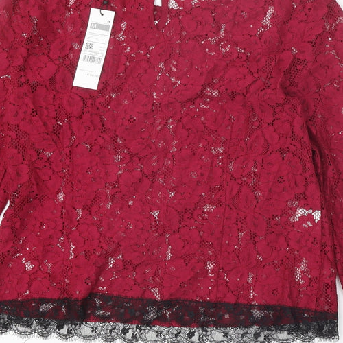 Sisley Womens Red Geometric Cotton Basic Blouse Size M Round Neck
