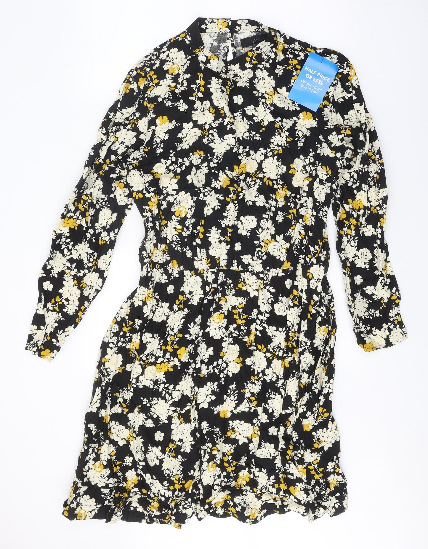 NEXT Womens Black Floral Viscose A-Line Size 16 Round Neck Button
