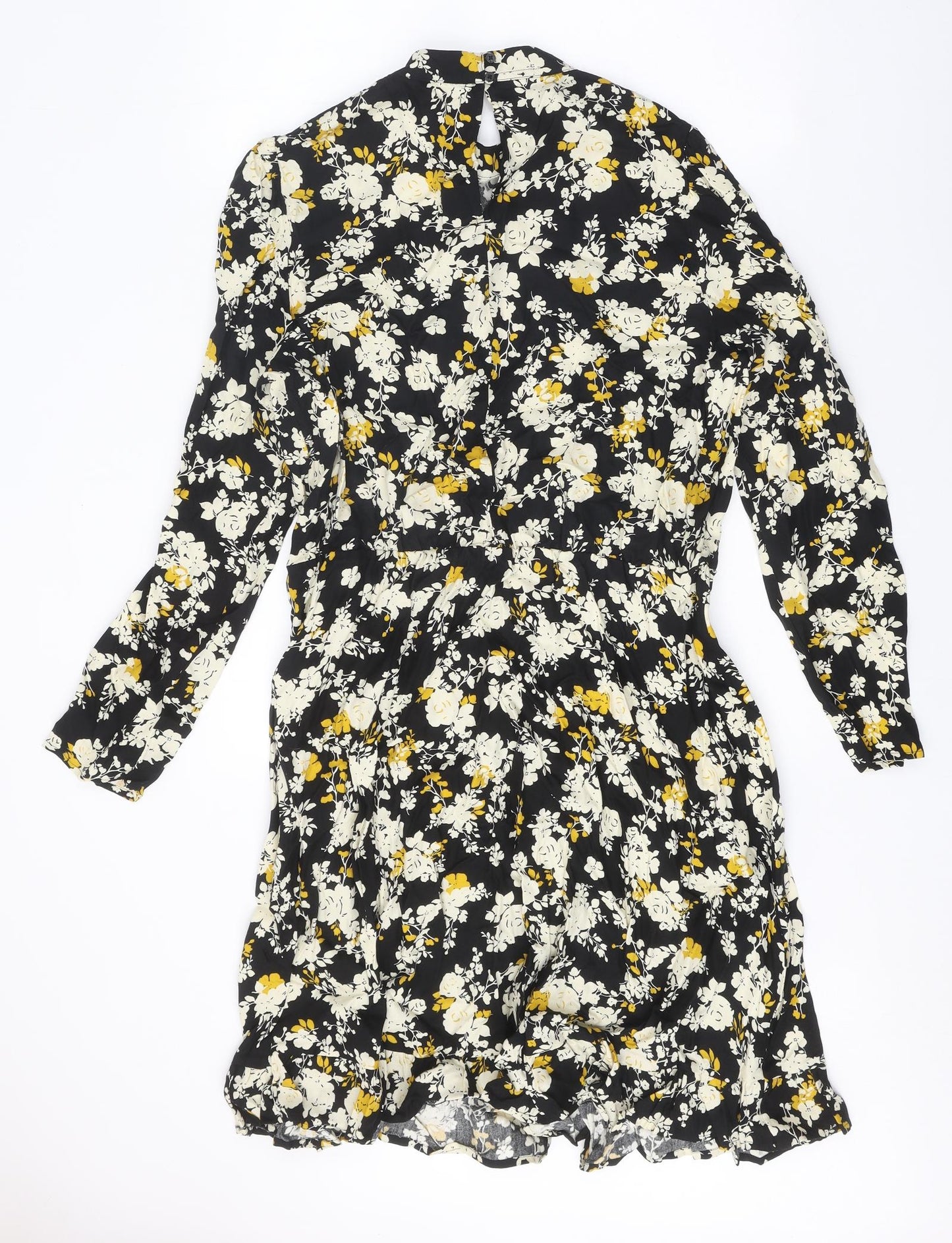 NEXT Womens Black Floral Viscose A-Line Size 16 Round Neck Button