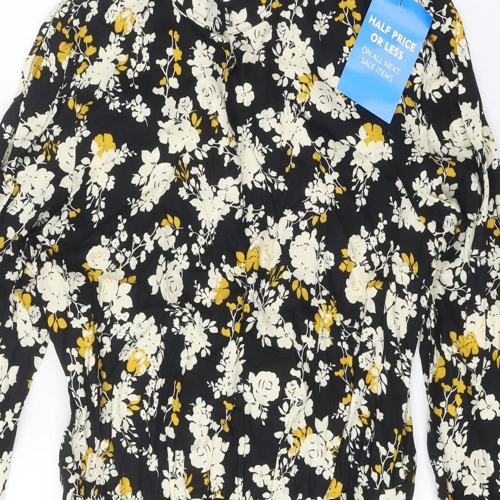 NEXT Womens Black Floral Viscose A-Line Size 16 Round Neck Button