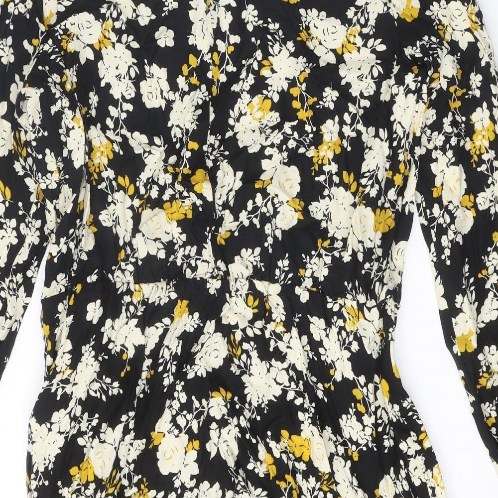 NEXT Womens Black Floral Viscose A-Line Size 16 Round Neck Button