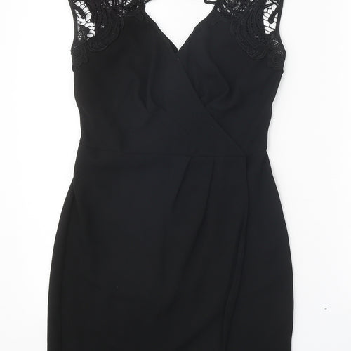 Warehouse Womens Black Polyester Pencil Dress Size 6 V-Neck Zip - Lace Detail