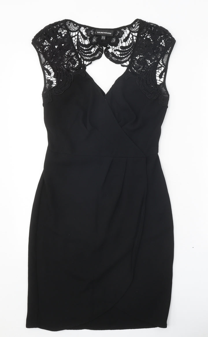 Warehouse Womens Black Polyester Pencil Dress Size 6 V-Neck Zip - Lace Detail