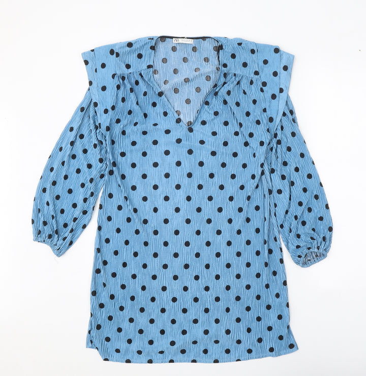 Zara Womens Blue Polka Dot Polyester Shift Size S V-Neck Pullover