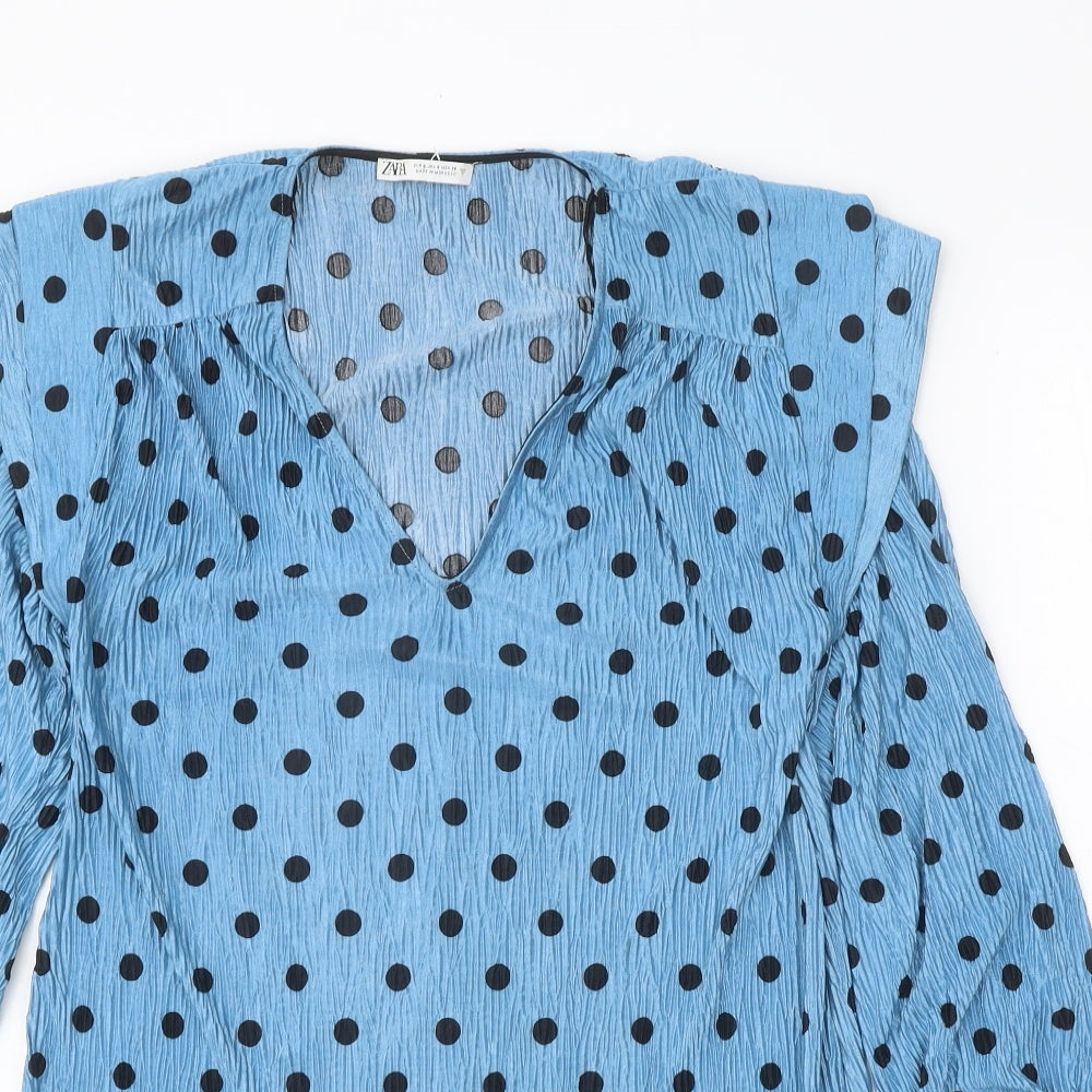 Zara Womens Blue Polka Dot Polyester Shift Size S V-Neck Pullover