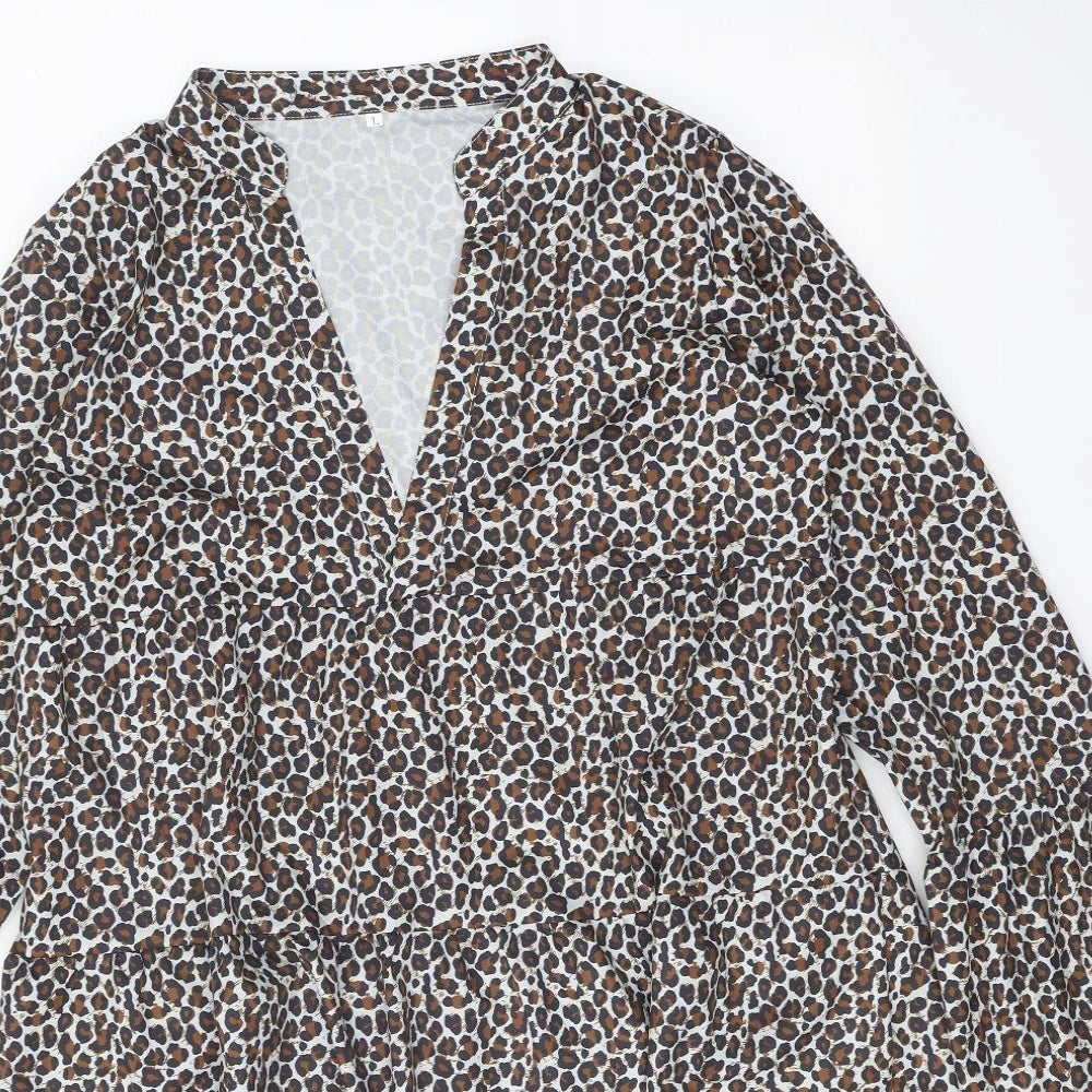 Preworn Womens Brown Animal Print Polyester Shift Size L V-Neck Pullover - Leopard print
