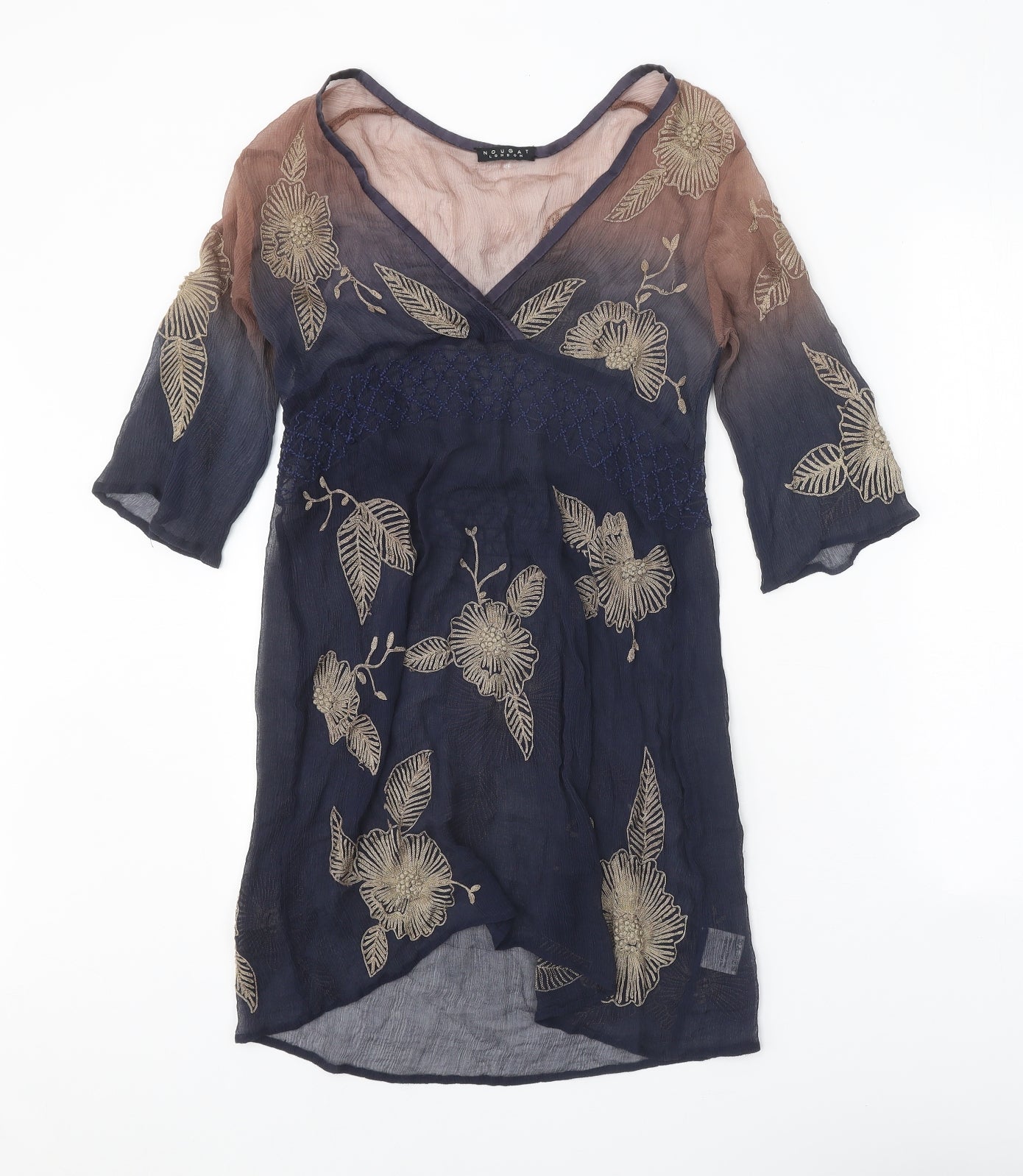 Nougat Womens Blue Geometric Silk A-Line Size S V-Neck Pullover