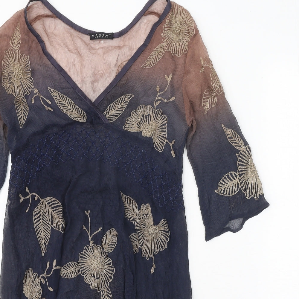 Nougat Womens Blue Geometric Silk A-Line Size S V-Neck Pullover