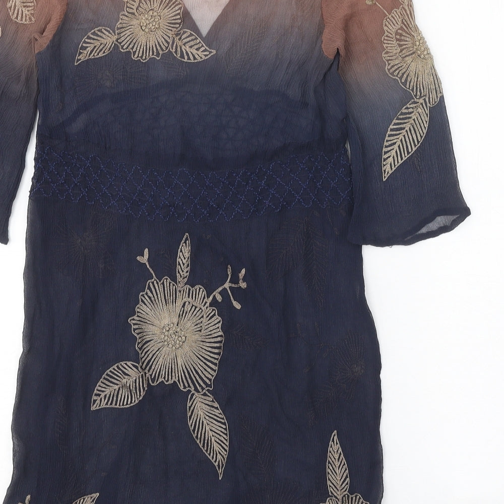 Nougat Womens Blue Geometric Silk A-Line Size S V-Neck Pullover