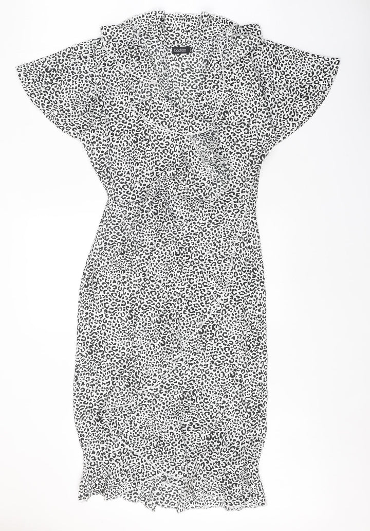 Boohoo Womens White Geometric Polyester A-Line Size 10 V-Neck Zip
