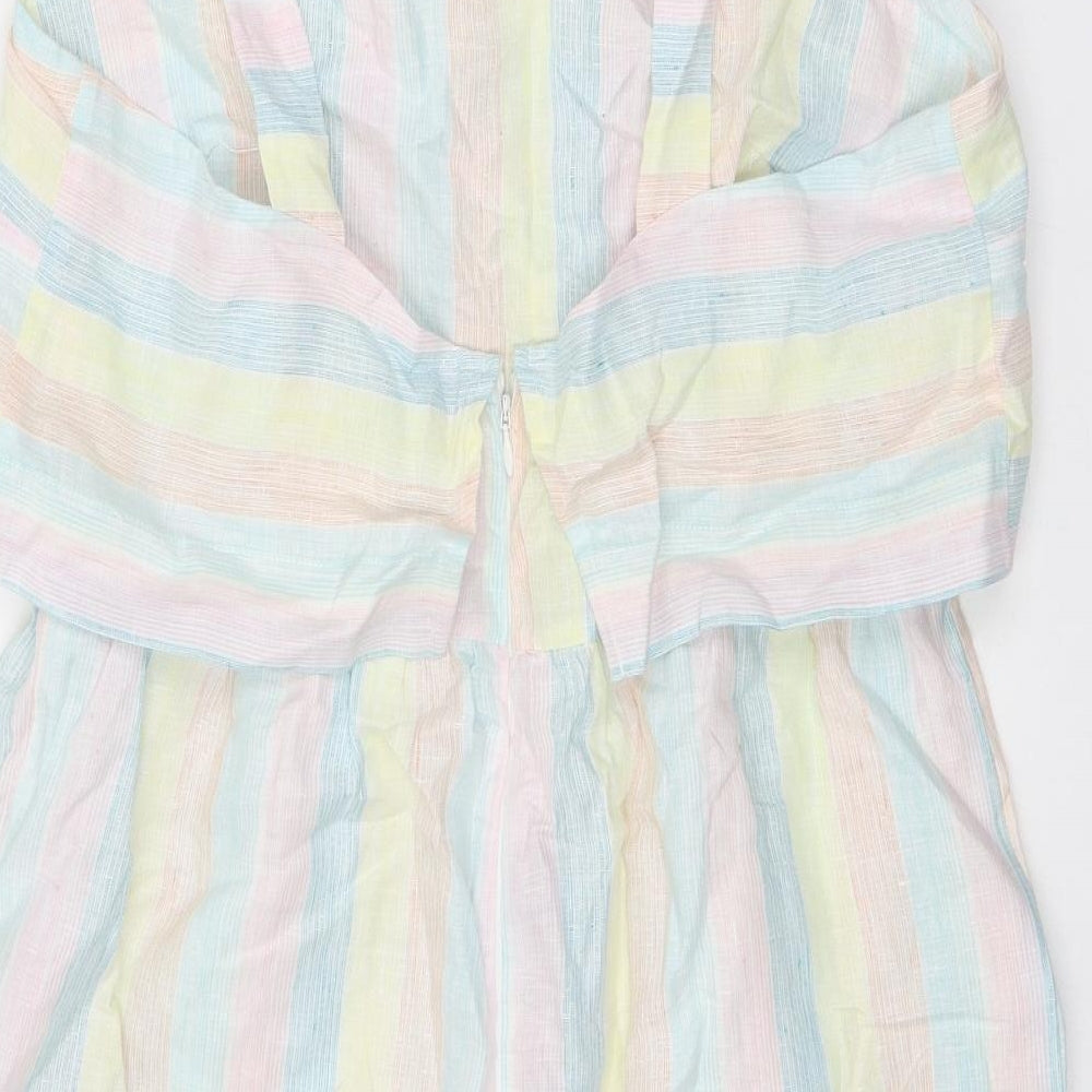 Oliver Bonas Womens Multicoloured Striped Linen A-Line Size 14 Square Neck Zip