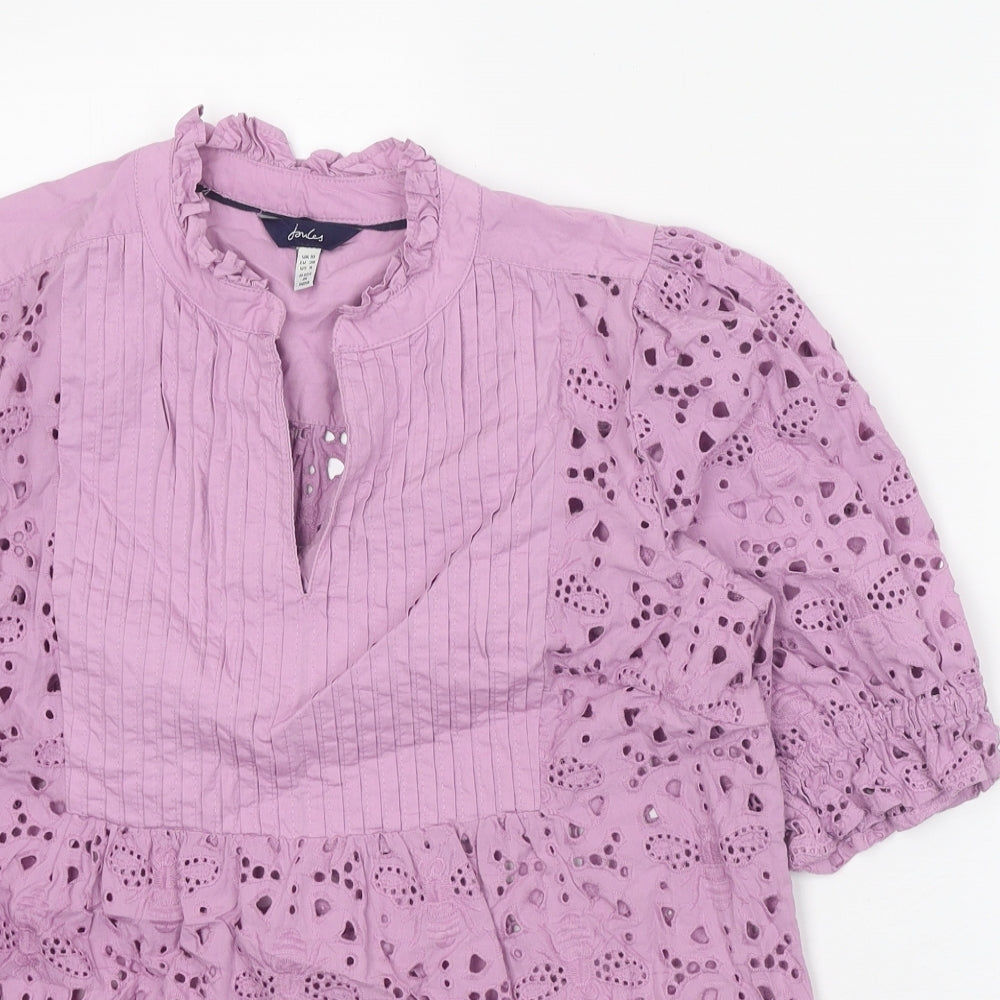 Joules Womens Purple 100% Cotton Basic Blouse Size 10 V-Neck - Broderie Anglaise