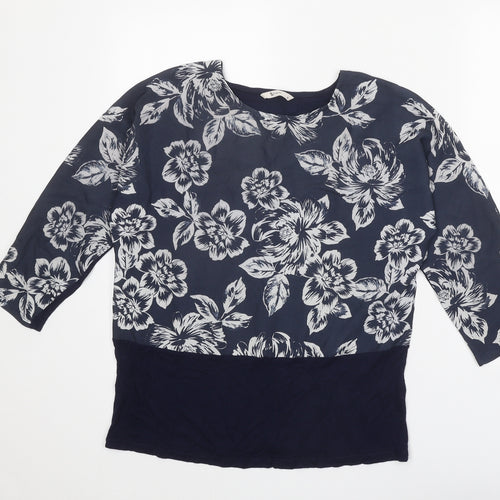 TU Womens Blue Floral Viscose Basic Blouse Size 12 Boat Neck