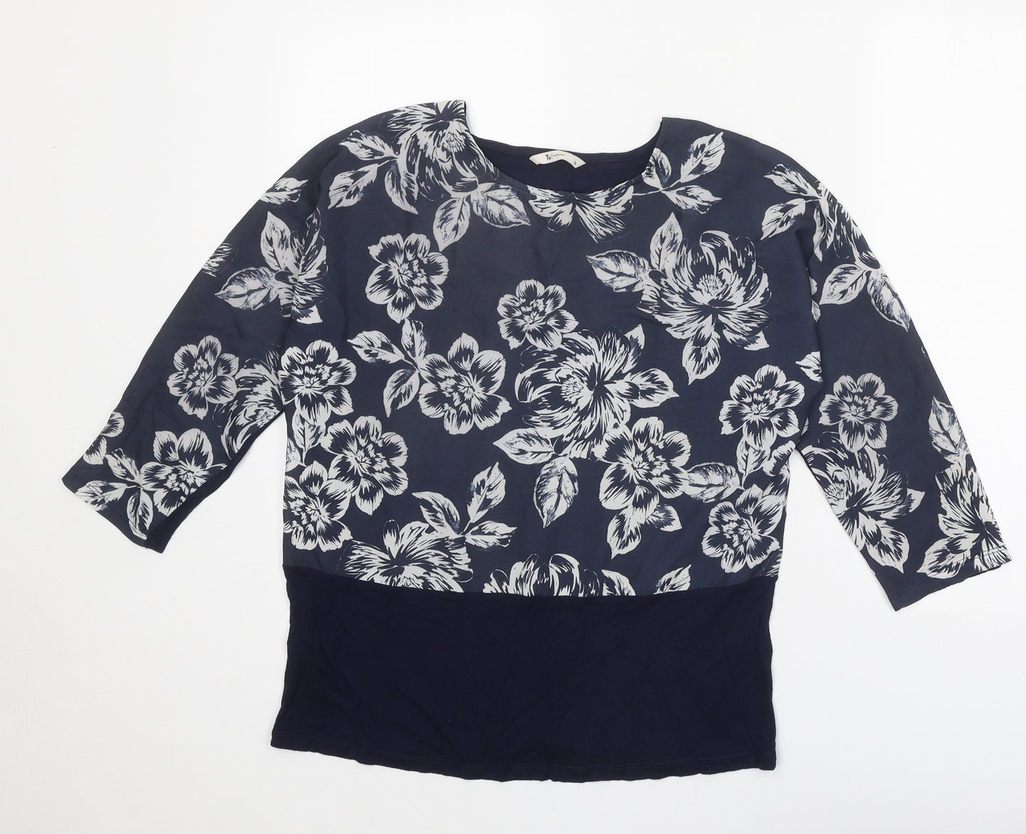 TU Womens Blue Floral Viscose Basic Blouse Size 12 Boat Neck