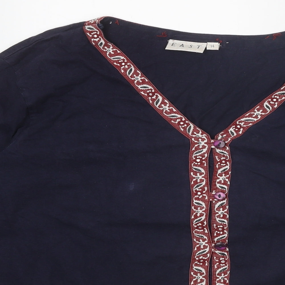 EAST Womens Blue Geometric 100% Cotton Basic Button-Up Size 14 V-Neck