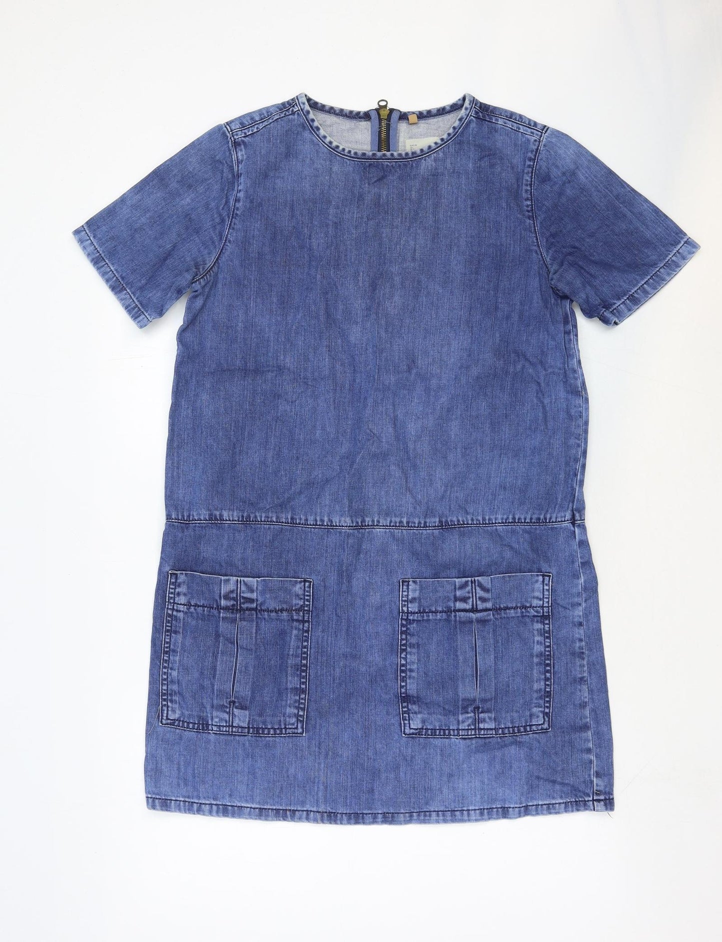 Topshop Womens Blue Cotton Shift Size 10 Round Neck Zip