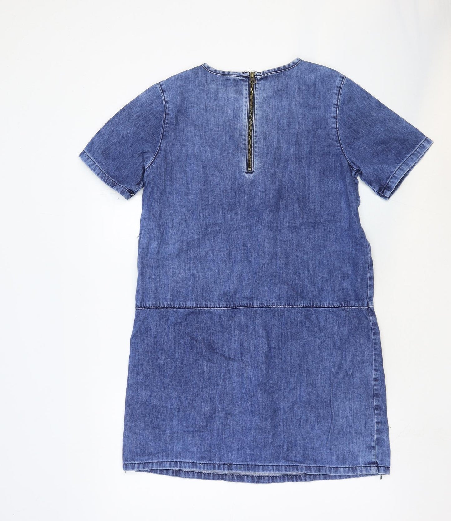 Topshop Womens Blue Cotton Shift Size 10 Round Neck Zip