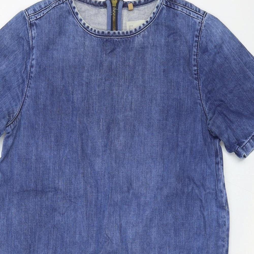 Topshop Womens Blue Cotton Shift Size 10 Round Neck Zip