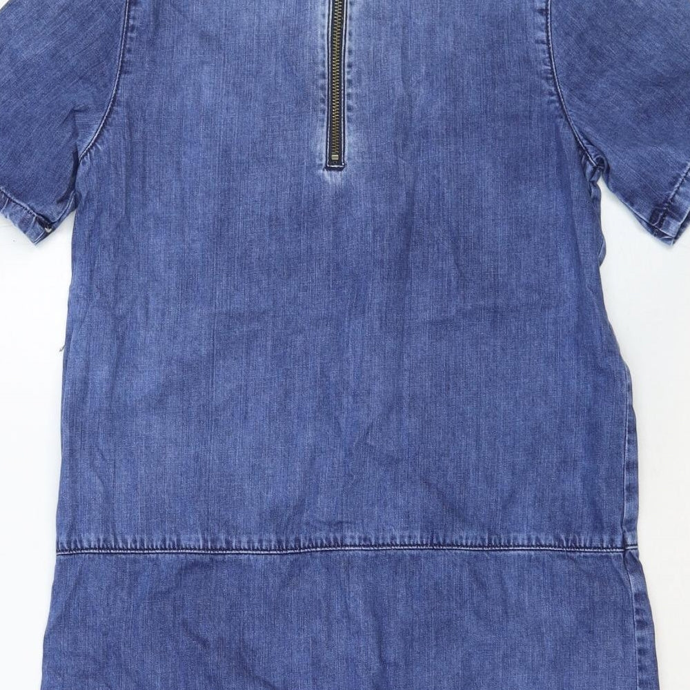 Topshop Womens Blue Cotton Shift Size 10 Round Neck Zip