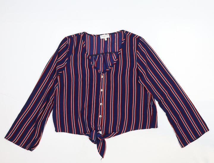 Apricot Womens Multicoloured Striped Viscose Basic Button-Up Size 12 V-Neck - Knot Front