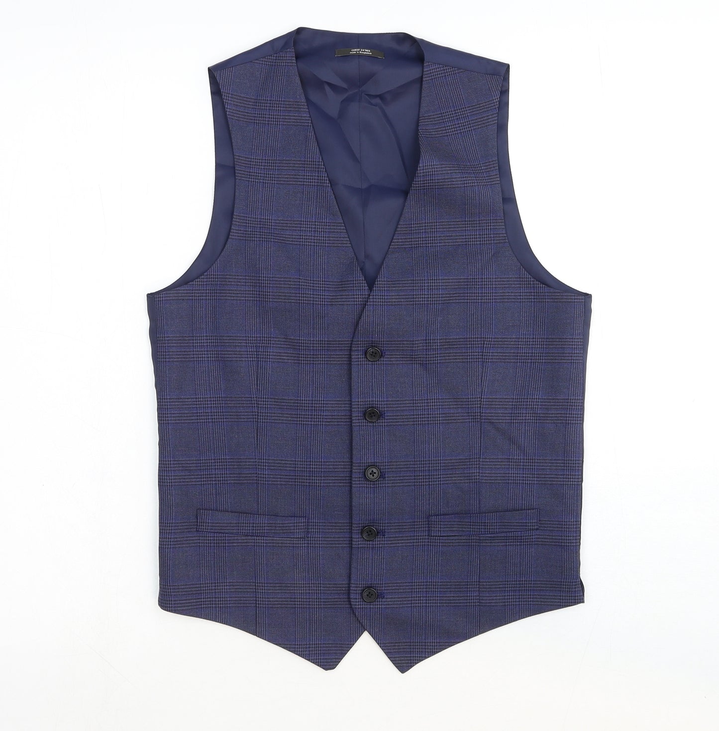 Marks and Spencer Mens Blue Plaid Wool Jacket Suit Waistcoat Size 38 Regular