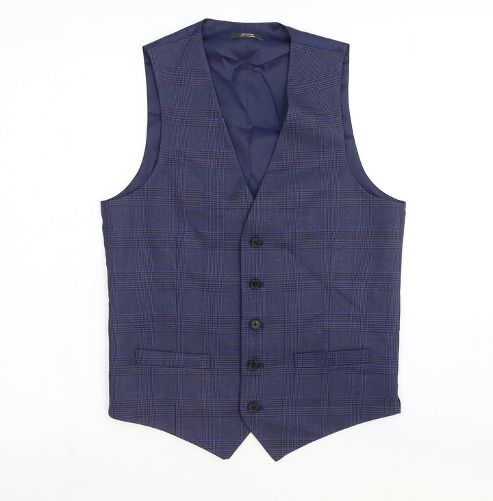 Marks and Spencer Mens Blue Plaid Wool Jacket Suit Waistcoat Size 38 Regular