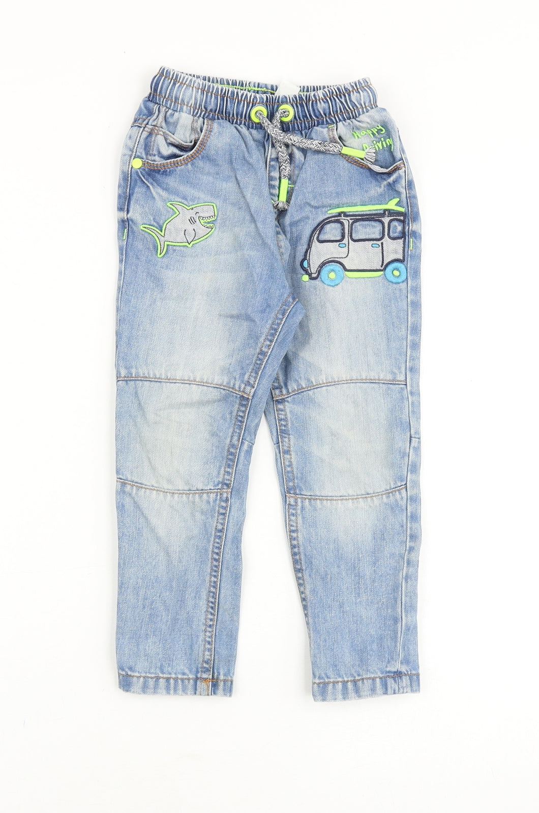 George Boys Blue Cotton Tapered Jeans Size 2-3 Years Regular Drawstring - Embroidered Appliqués