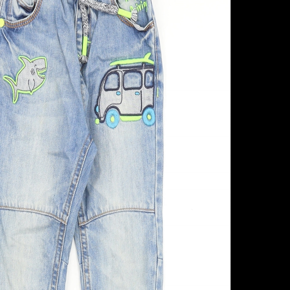 George Boys Blue Cotton Tapered Jeans Size 2-3 Years Regular Drawstring - Embroidered Appliqués
