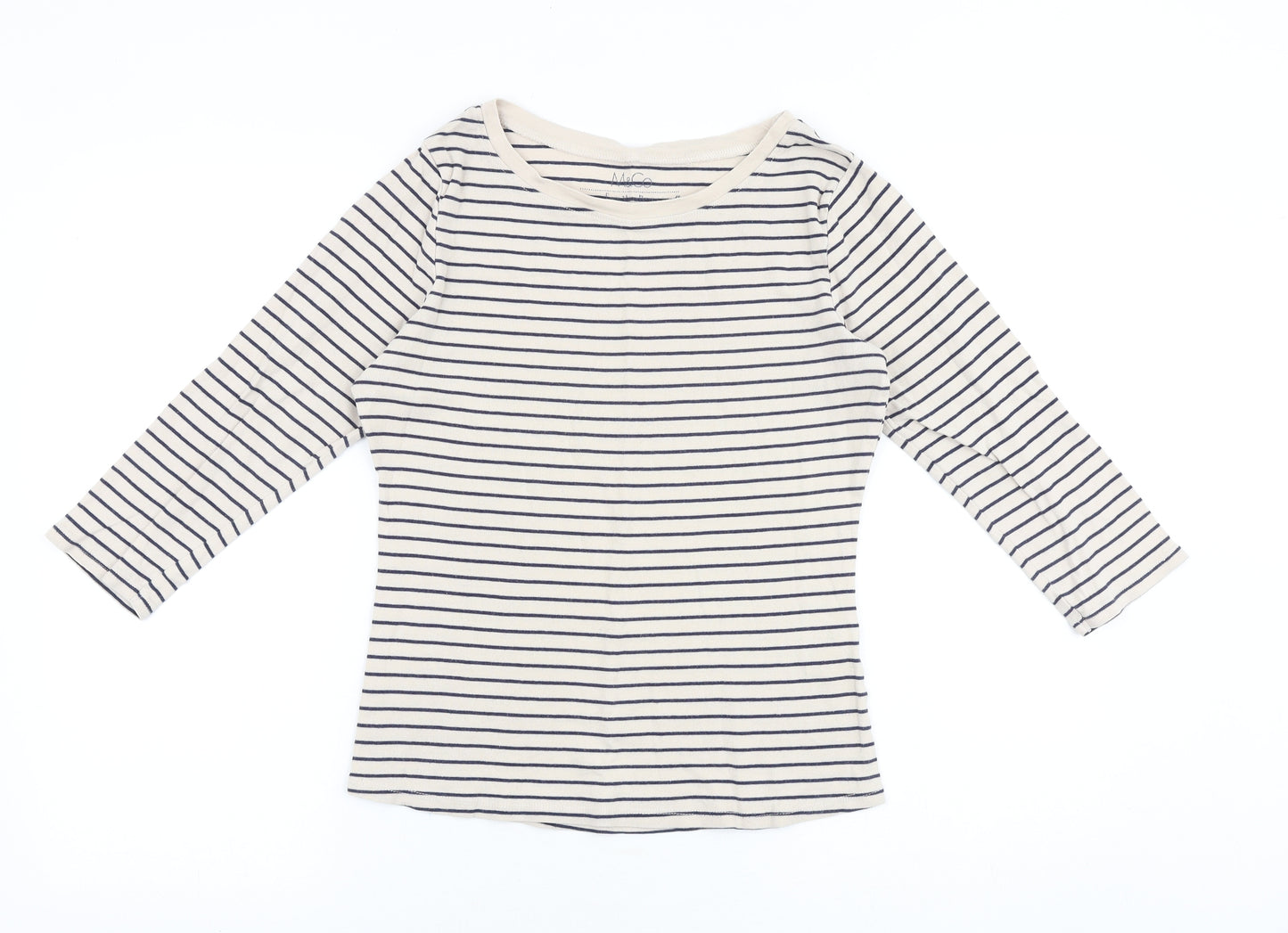 M&Co Womens Beige Striped 100% Cotton Basic T-Shirt Size 12 Round Neck