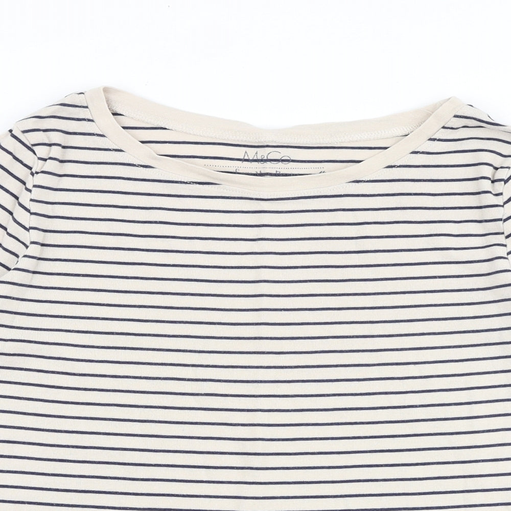 M&Co Womens Beige Striped 100% Cotton Basic T-Shirt Size 12 Round Neck
