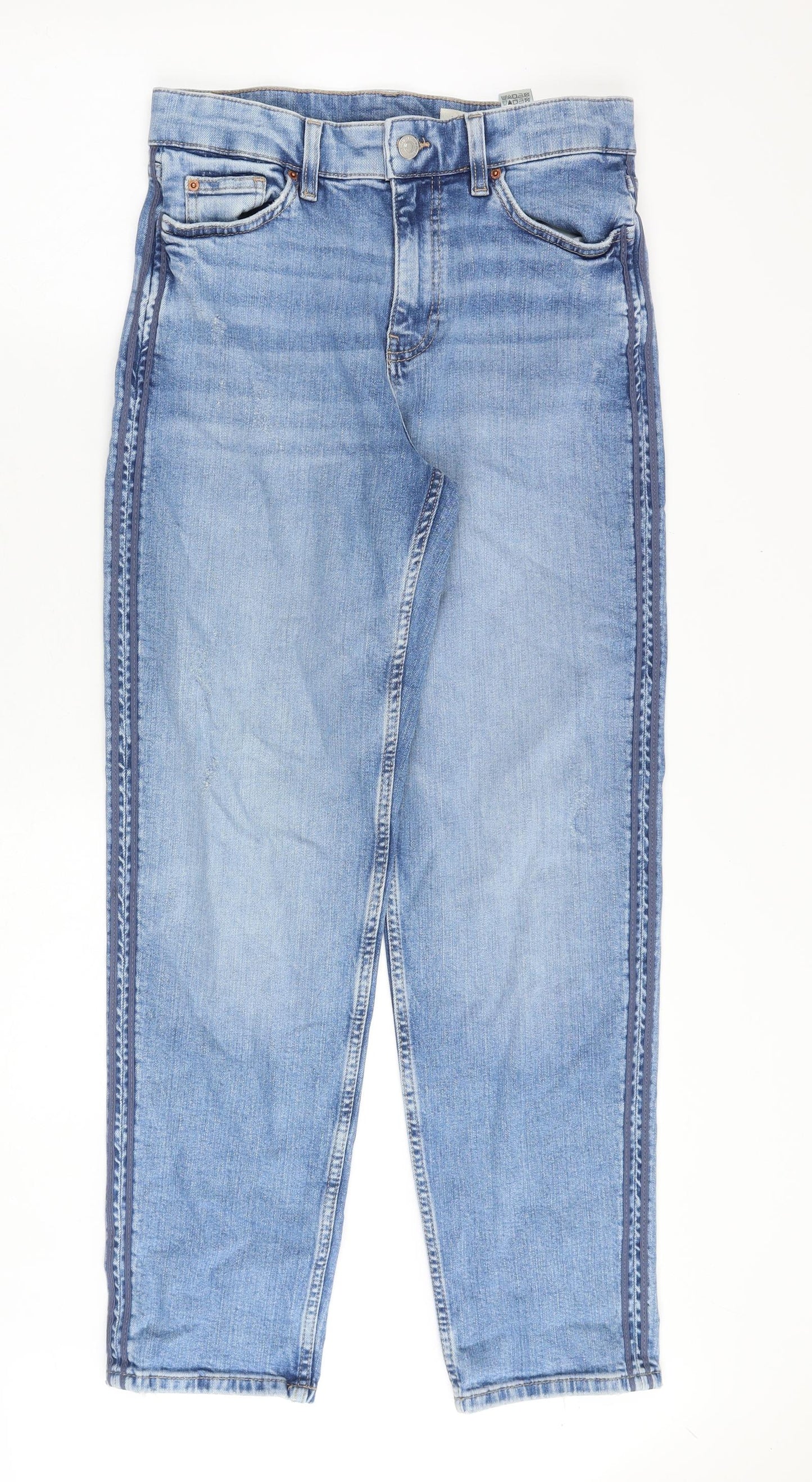 Marks and Spencer Womens Blue Cotton Tapered Jeans Size 10 Regular Zip - Side Stripe
