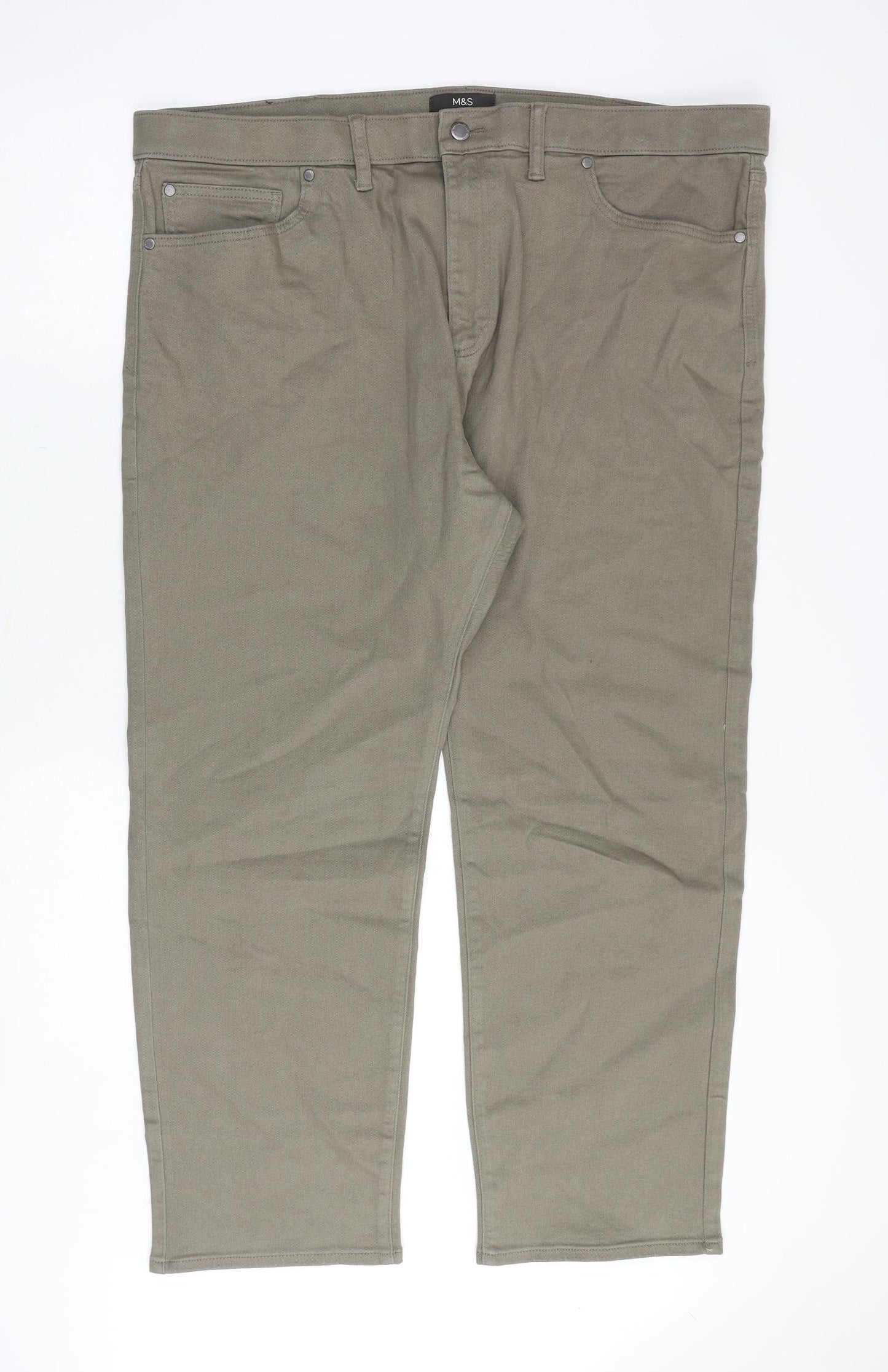 Marks and Spencer Mens Green Cotton Straight Jeans Size 44 in Regular Zip