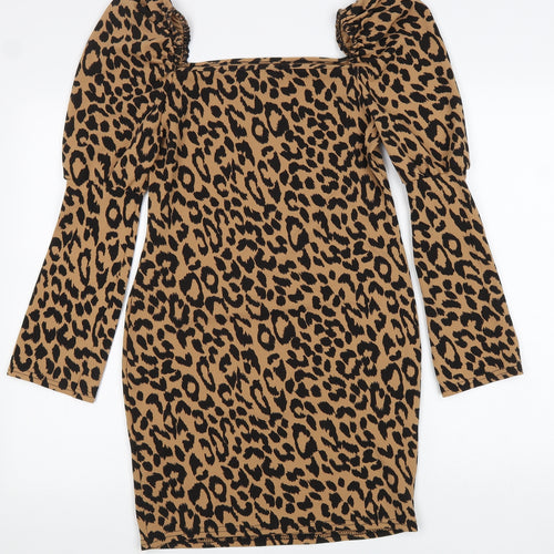 Boohoo Womens Brown Animal Print Polyester Sheath Size 8 Square Neck Pullover - Leopard print