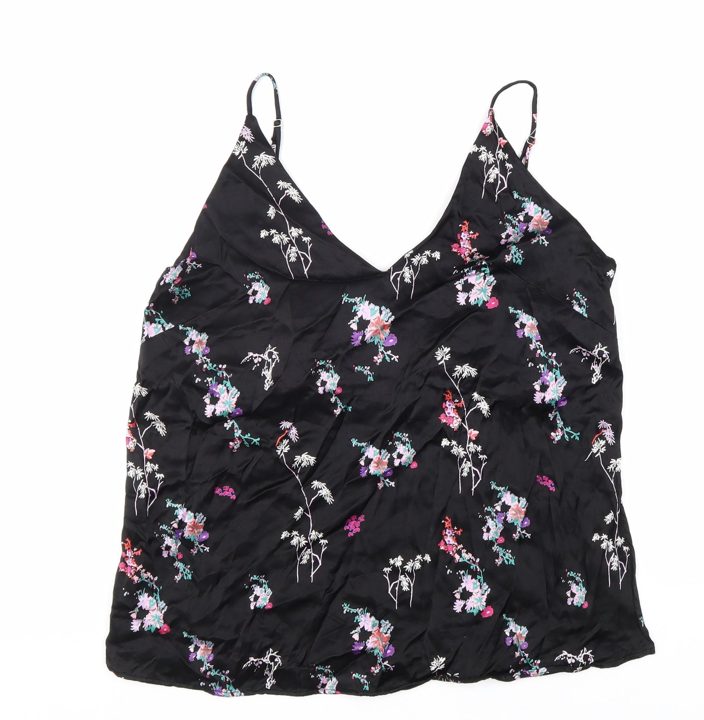 H&M Womens Black Floral Viscose Basic Tank Size 12 V-Neck