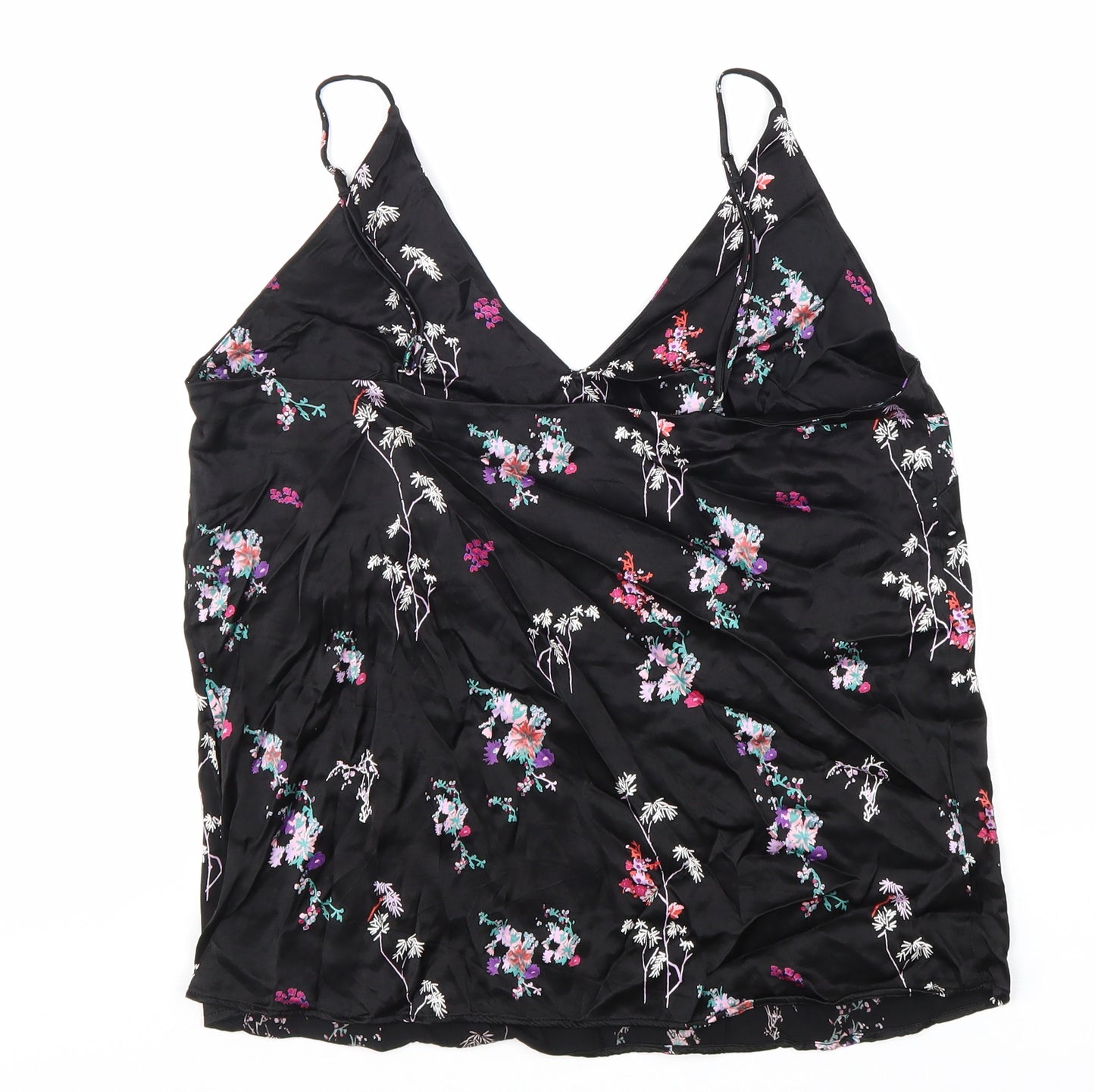 H&M Womens Black Floral Viscose Basic Tank Size 12 V-Neck