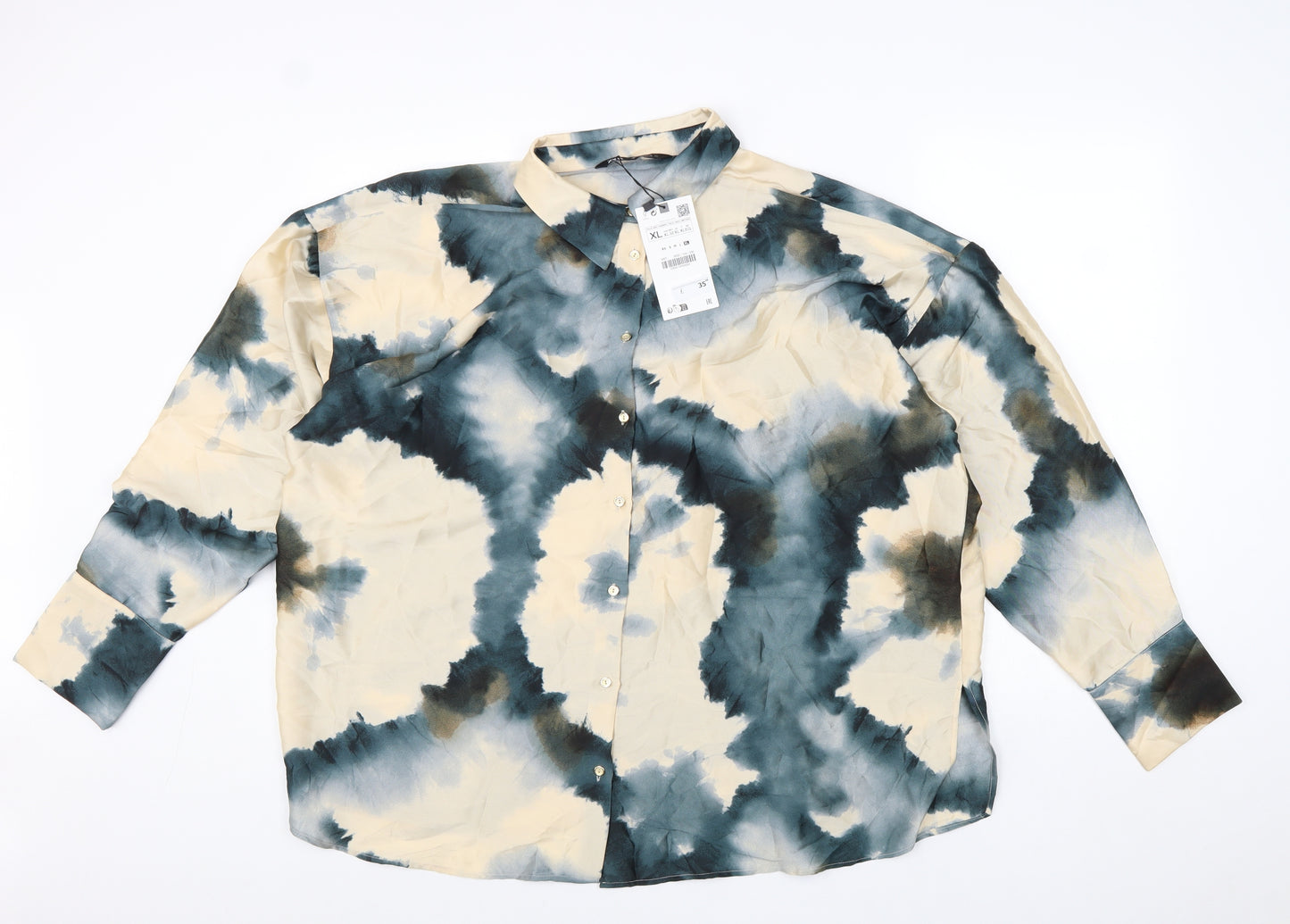 Zara Womens Multicoloured Geometric Polyester Basic Button-Up Size XL Collared